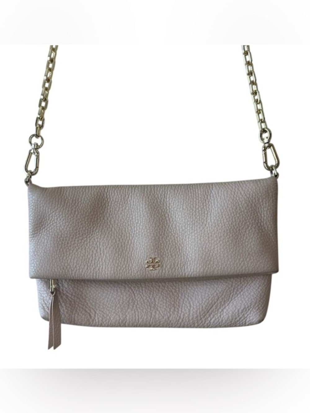 Tory Burch Pebbled Leather Foldover Crossbody Tan Chain Bag‎